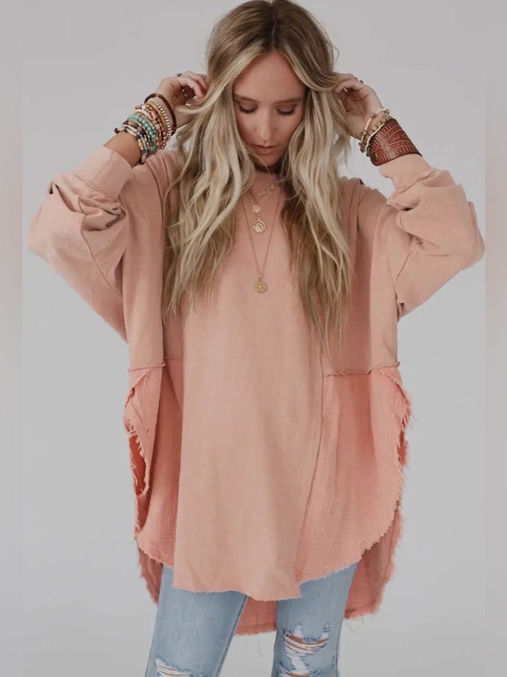Three Bird Nest Oversized Mixed Media Raw Hem Boho Tunic Top Peach Women Size M